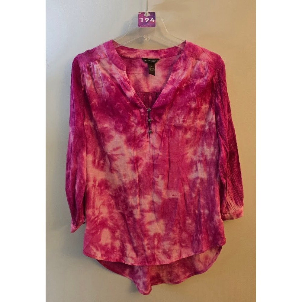 Bit & Bridle Womens Split V-Neck Tie Dye Blouse Pink Boho Long Sleeve Size M